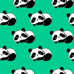 Panda pattern. Print design for textiles. black and white bear, green background with panda bear. Vector
