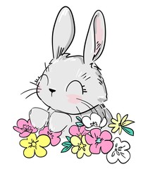 Rabbit. Hand drawn cute bunny and pink flowers. Vector illustration.