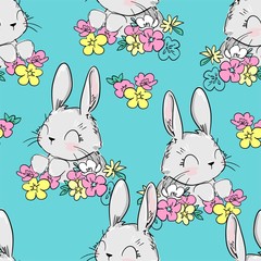 Cute bunny pattern . Print design for textiles. Vector. Rabbit and flowers. Blue background.