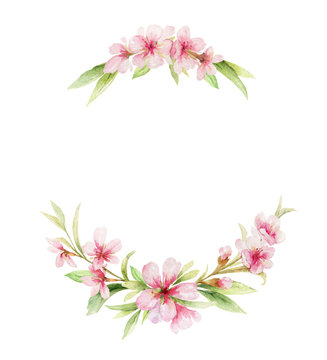 Watercolor vector wreath of pink flowers and almond leaves.