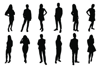 Silhouettes of young people. Girls and boys in full growth. Black silhouette on a white background, contour.
