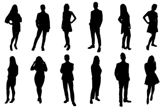 Silhouettes of young people. Girls and boys in full growth. Black silhouette on a white background, contour.