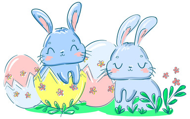 Happy Easter. Hand Drawn Cute Rabbit and egg. Bunny and flowers. Vector illustration. Print design.