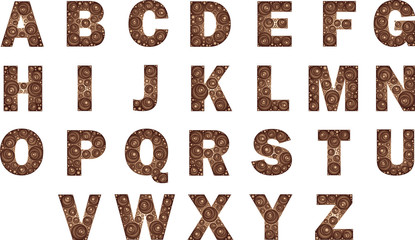 english alphabet. english letters, alphabet isolated on white background with brown ornament inside.  Capital letters with round ornaments with a brown gradient. 