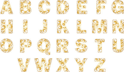 english alphabet.  english letters, alphabet isolated on white background with brown ornament inside. Capital letters with ornaments from circles brown.