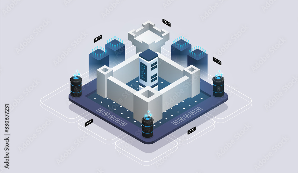 Poster concept of data network management .vector isometric map with business networking servers. data prot