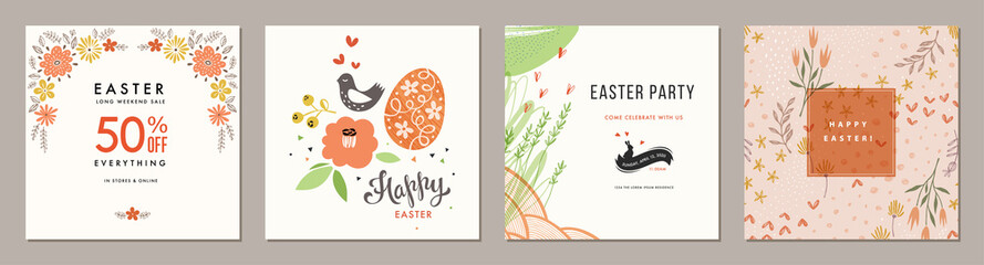Trendy Easter floral square templates. Suitable for social media posts, mobile apps, cards, invitations, banners design and web/internet ads.