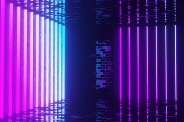 3d render, glowing lines, tunnel, neon lights, virtual reality, abstract background, square portal, arch, pink blue spectrum vibrant colors, laser show