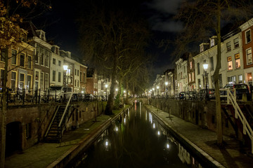 Utrecht Nieuwegracht canal at night with illuminated canal houses