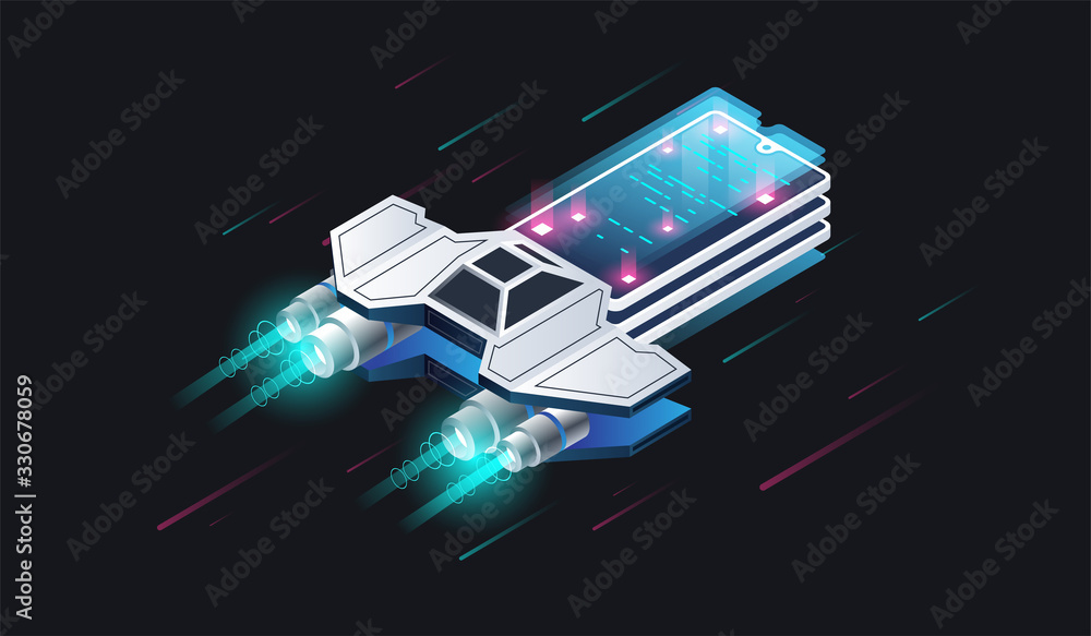 Poster abstract spaceship with phone. data visualization. mobile software. modern isometric illustration.