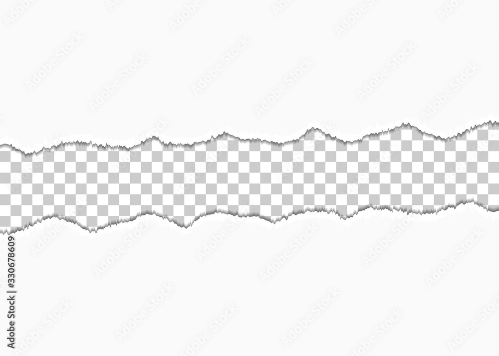 Poster ripped white paper for text or message are on transparent background. horizontal torn paper strips w