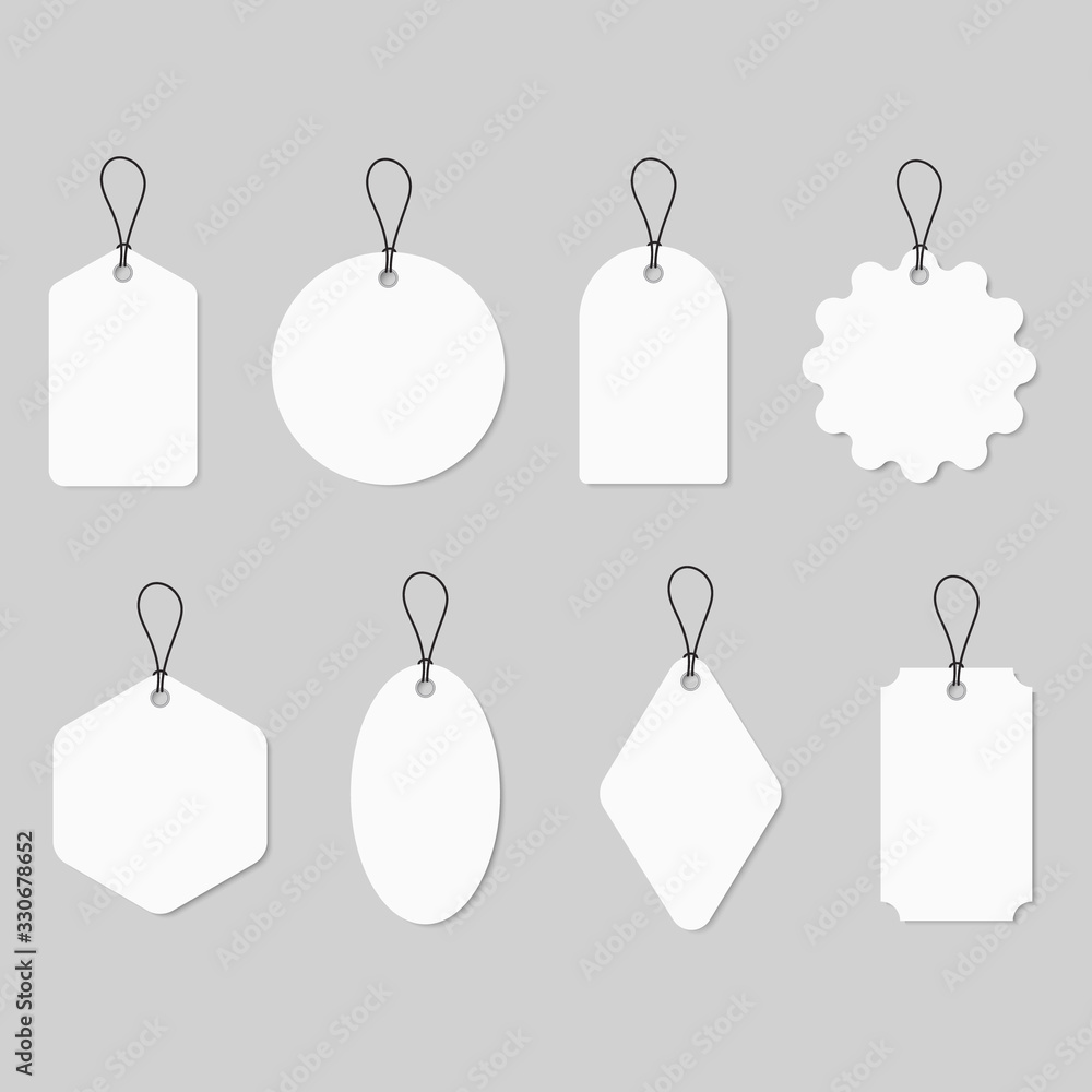 Poster set white labels in different shapes with string isolated on grey background. blank card and sticker