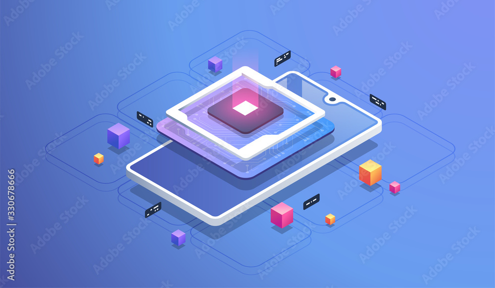 Poster futuristic microchip processor. digital chip.modern cpu. modern isometric illustration.