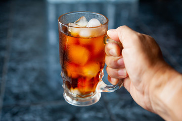 Cool americano, coffee, ice cubes, glass.