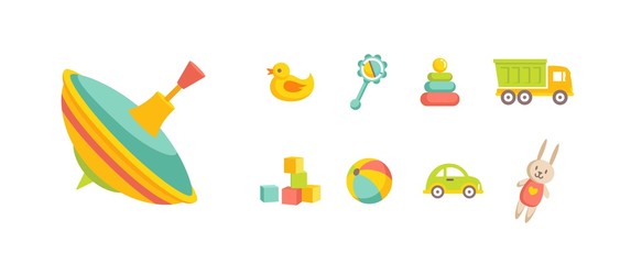 Colorful Kids Toys Collection. Flat Style. Vector Illustration