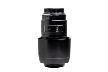  zoom lens with a lens hood for the camera on a white background