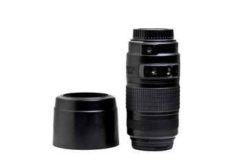  zoom lens with a lens hood for the camera on a white background.