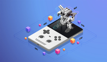 Mobile gaming. Big robot on pocket console screen. AR concept for mobile development. Modern isometric illustration. © Andrew Derr