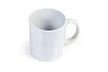 Empty white cup with handle on a white background