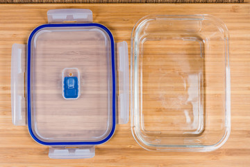 Glass food storage container and translucent plastic lid, top view