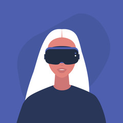Young female character wearing a virtual reality headset, Millennial gadgets and lifestyle