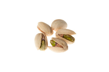 Salted pistachios nuts isolated on white background. Healthy snack.