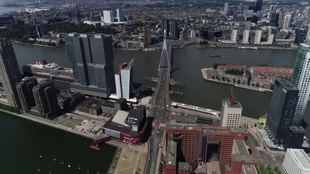 High altitude aerial view of Rotterdam city centre showing the cable-stayed and bascule Erasmus Bridge the Maastoren building and Noordereiland island beautiful summer day 4k high resolution quality
