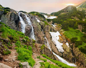 Waterfall on a mountain river, bottom view