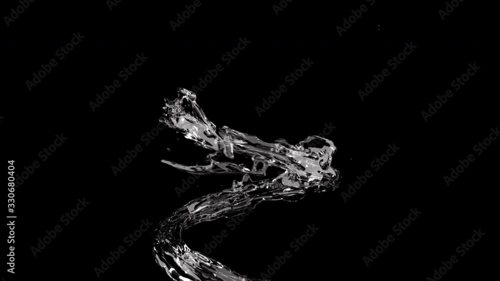 Poster close up slow motion vertical liquid water spinning follow part on black color background. 3d animat