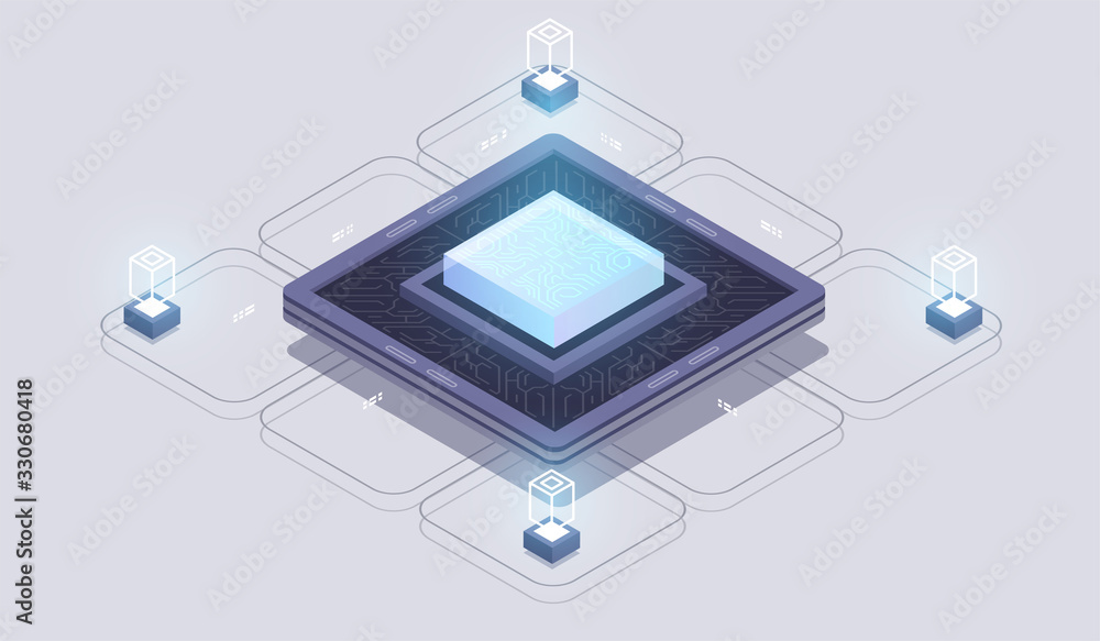 Poster futuristic microchip processor. digital chip.modern cpu. modern isometric illustration.