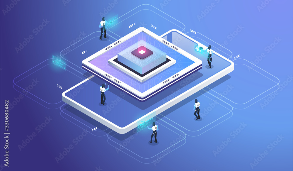 Poster futuristic microchip processor. digital chip.modern cpu. modern isometric illustration.