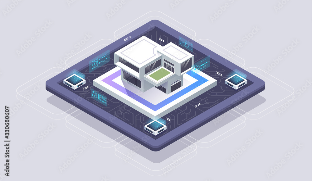 Poster smart home control concept. building automation with computer networking illustration. modern isomet
