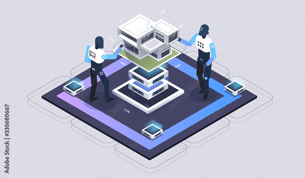 Poster iot online synchronization and connection via smartphone wireless technology. smart house infographi