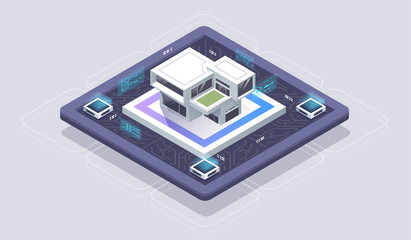 Smart home control concept. Building automation with computer networking illustration. Modern Isometric illustration.