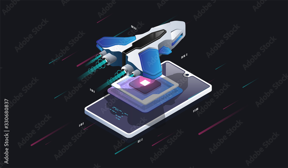 Poster spaceship on phone screen. futuristic microchip processor. digital chip. modern cpu. modern isometri