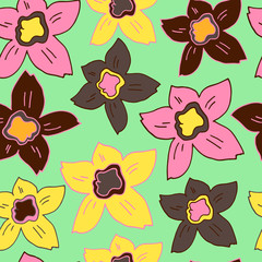 Background with narcissus, retro style, easter flower, seamless pattern.