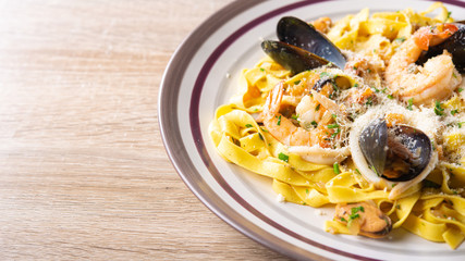 Italian pasta with mussels and shrimp