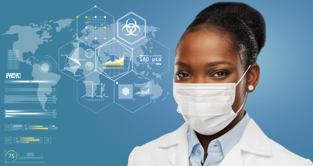 health, medicine and pandemic concept - african american female doctor wearing protective medical mask over world map with charts and biohazard symbol on blue background