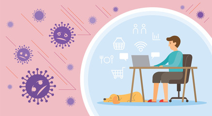 Men Working at Home with Dog, Prevention of Covid-19