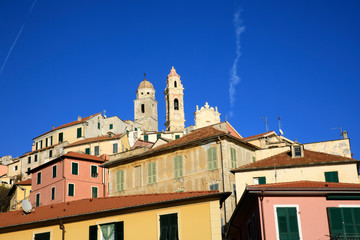Fototapeta premium Cervo (IM), Italy - December 30, 2017: Houses and Cervo village, Italian Riviera, Imperia, Liguria, Italy