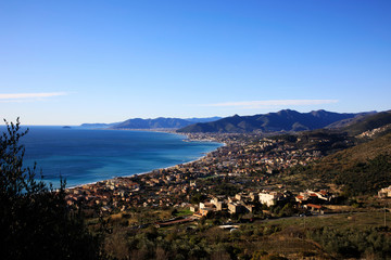 Fototapeta na wymiar Crosa (SV), Italy - December 30, 2017: View of Borgio from Crosa village, Savona, Liguria, Italy