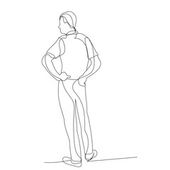 vector, isolated, single line drawing of a man standing with his back