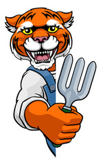 A tiger gardener cartoon gardening animal mascot holding a garden fork tool peeking round a sign