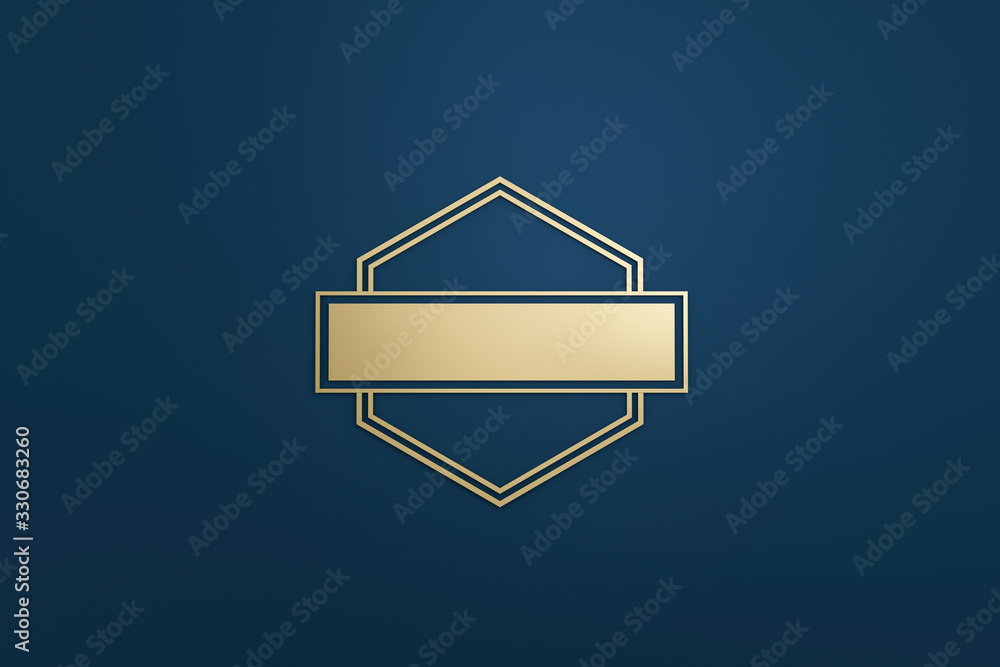 Poster blank logo frame and golden label with modern style on dark blue background. empty template for desi