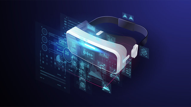VR devices, virtual glasses, virtual reality goggles, device for playing electronic video games in digital cyber space. Futuristic poster with HUD elements.