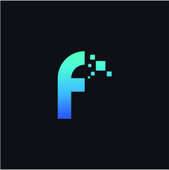 Letter F pixel design blue color. Technology and digital logotype vector concept