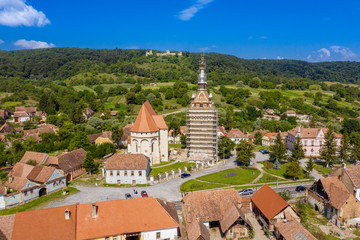 Obraz premium Aerial view of the Saxon church at Saschiz near Sighisoara Romania
