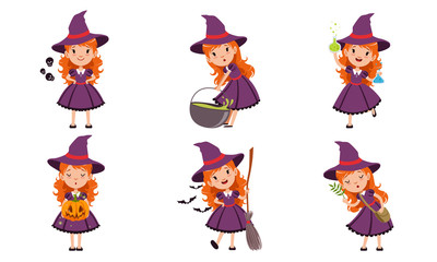 Cute Little Witch Cartoon Character Collection, Lovely Red Haired Girl in Purple Dress and Hat in Different Situations Vector Illustration