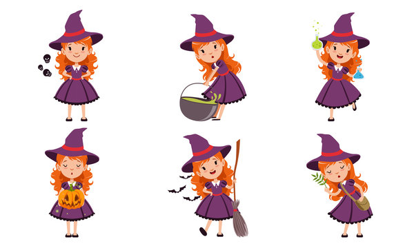 Cute Little Witch Cartoon Character Collection, Lovely Red Haired Girl in Purple Dress and Hat in Different Situations Vector Illustration