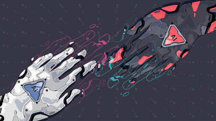 Vector art style robot touching hands. Futuristic concept for artificial intelligence and virtual world. digital futuristic technology concept.